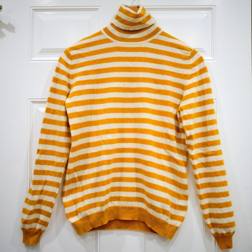 BRODIE CASHMERE Striped Mustard-Cream Turtleneck 100% Cashmere Sweater